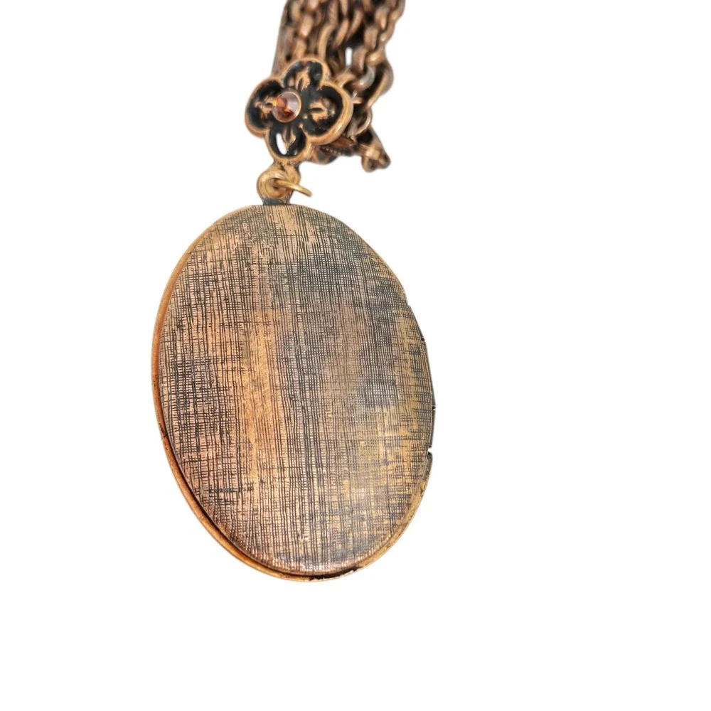 1928 Jewelery Co Copper Rinestone Picture Locket Necklace Victorian NWOT Vintage